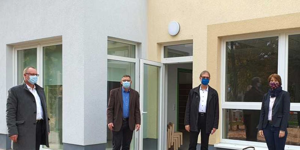 Eröffnung Erweiterungsbau der Kita An der Wuhlheide - Falko Liecke, Gernot Klemm, Raik Busch und Sandra Stahl v.l.n.r.