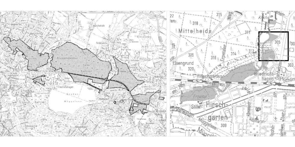 links: LSG Köpenicker Wälder nördlich der Müggelspree (Neuausweisung) / rechts: LSG Erpetal (Änderung - im Kästchen)