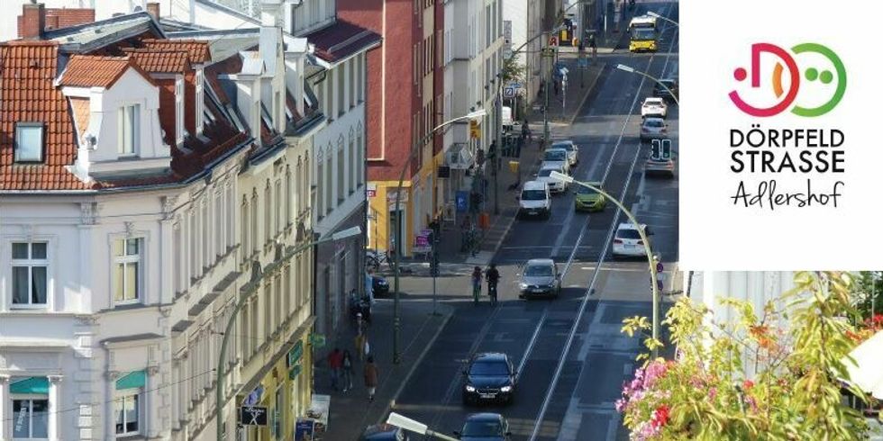 Ansicht Dörpfeldstrasse mit Aufschrift: Kiezbeirat - Wahl 2022