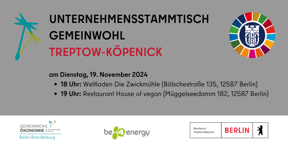 Banner zum Gemeinwohl-Unternehmens-Stammtisch mit Datum 19.11.2024
