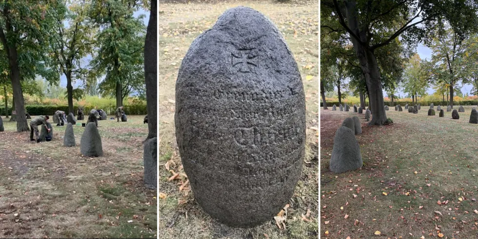 Collage zeigt Bilder der Säuberung von Gedenksteinen im Ehrenhain des Friedhofs Altglienicke