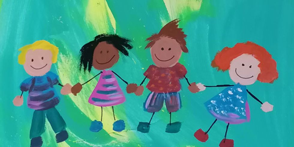 Gemaltes BIld mit vier Kindern, die sich an den Händen halten