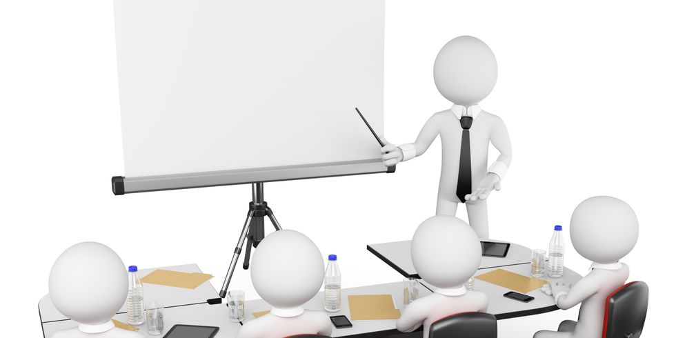 Abstrakte Figuren sitzen an einem Konferenztisch mit Präesentation