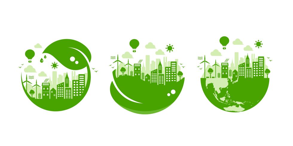 Green eco city vector illustration set