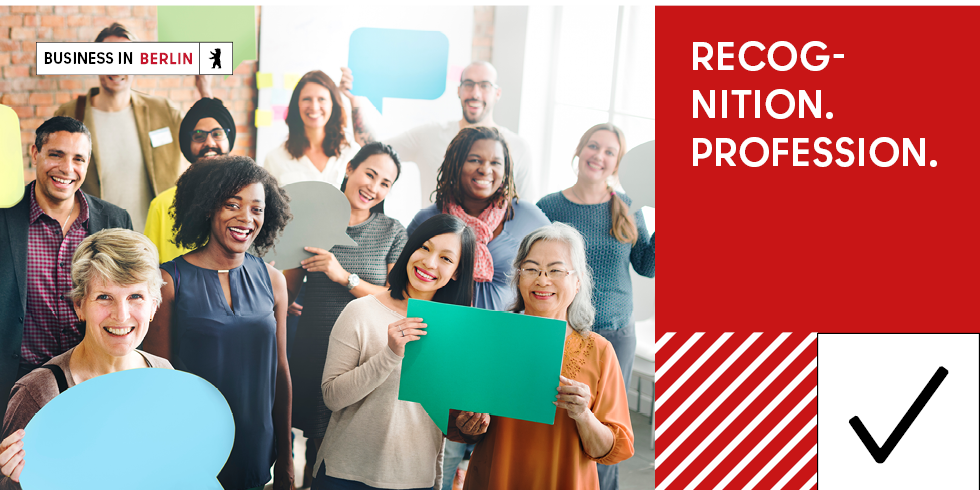 A group of people holding speech bubbles (getting you profession recognised)