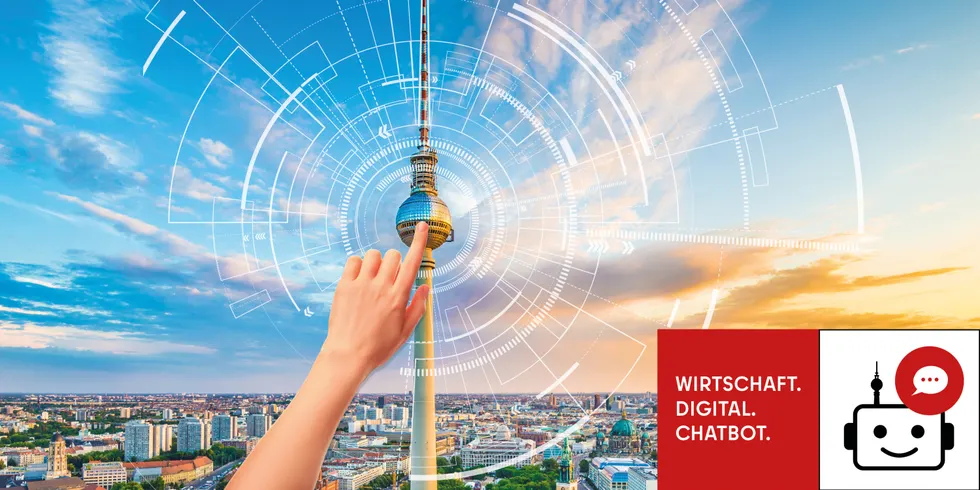 Berliner Skyline mit einem Finger, der auf den Fernsehturm klickt.