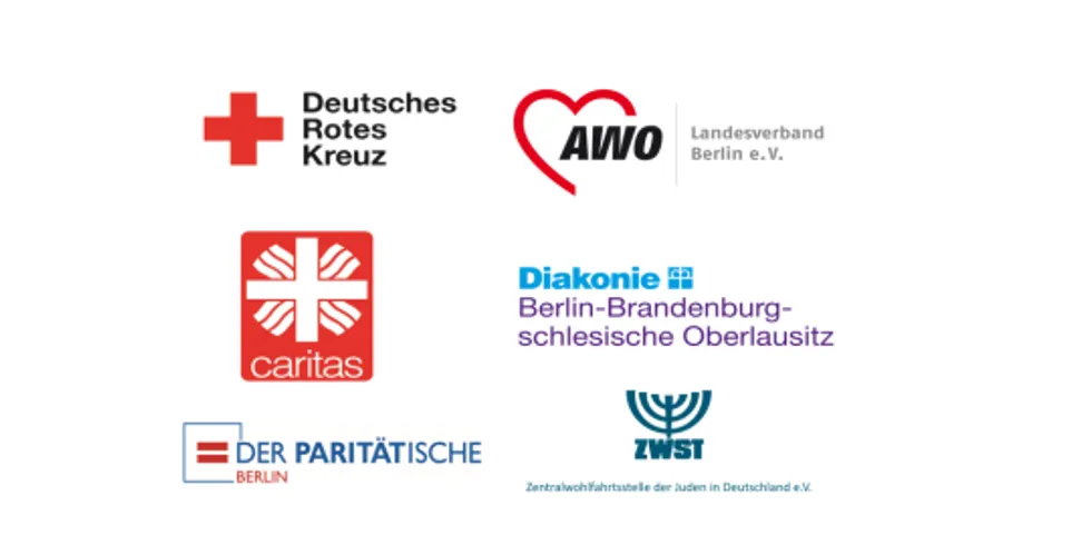 Logos von Deutsches Rotes Kreuz, Arbeiterwohlfahrt Berlin, Diakonie Berlin-Brandenburg-Schlesische Oberlausitz, Caritas, Der Paritätische Wohlfahrtsverband und der Zentralwohlfahrtsstelle der Juden in Deutschland