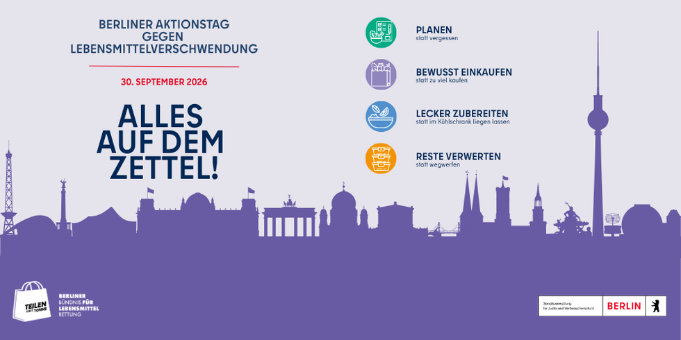 Banner Berliner Aktionstag gegen Lebensmittelverschwendung am 30.09.2026 "Alles auf dem Zettel" 4 Icons mit der Beschriftung Planen, Bewusst Eikaufen, Lecker zubereiten, Reste verwerten, Skizze der Skyline von Berlin