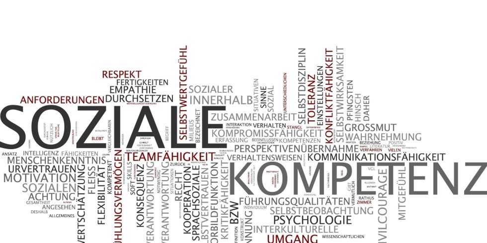 Mehrere Wörter auf weißem Hintergrund. Hervorgehoben sind die Wörter "Soziale Kompetenz".