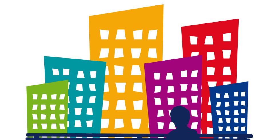 Illustration zeigt eine Figur auf einer Bank vor einer Häuserzeile