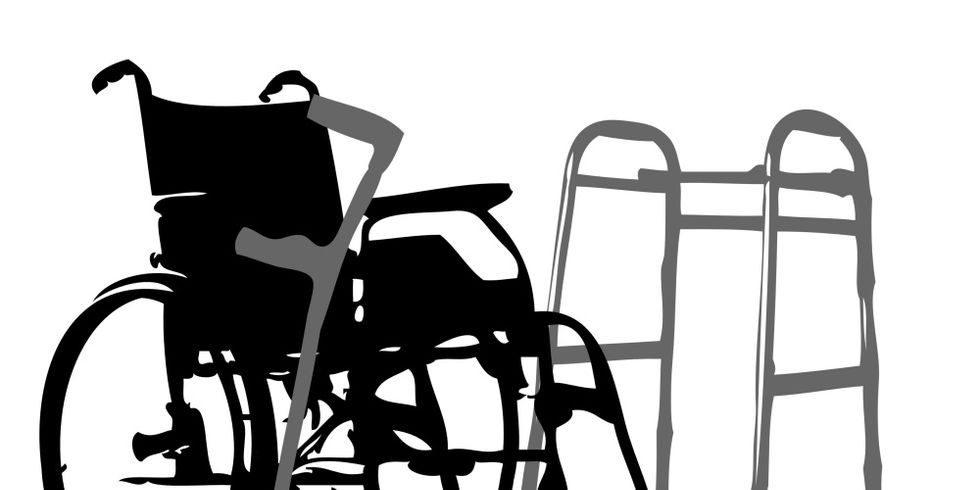 Schwarz-weiß-Illustration Rollstuhl, Krücke und Gehhilfe