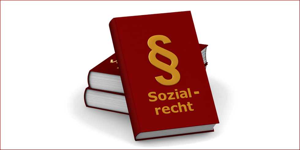 Drei stilisierte Gesetzesbücher, das Buch im Vordergrund mit Paragraphenzeichen und dem Wort "Sozialrecht" auf dem Buchdeckel