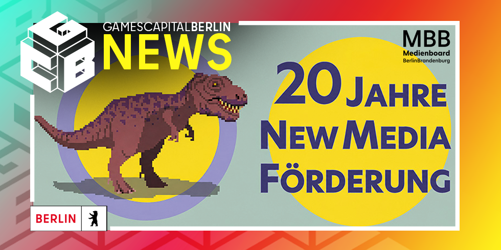 Grafik zum Jubiläum „20 Jahre New-Media-Förderung“ mit einem pixeligen Dinosaurier vor gelben Kreisen.
