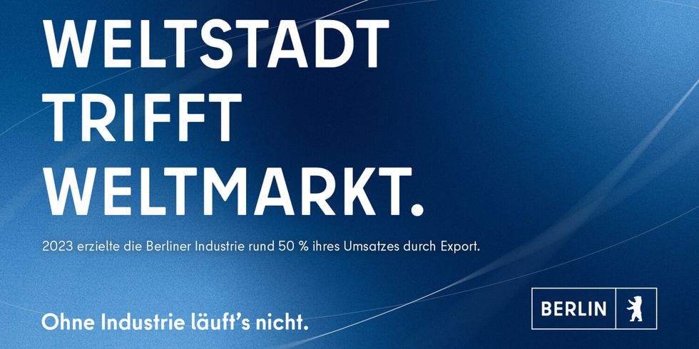 Text auf blauem Untergrund: Weltstadt trifft Weltmarkt