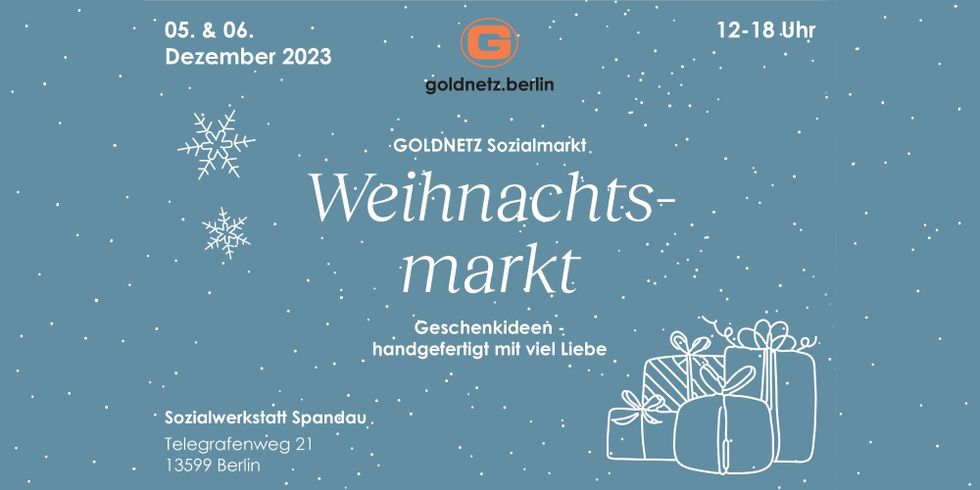Postkarte mit Geschenken und dem Aufdruck Weihnachtsmarkt am 05. & 06. Dezember 2023 12-18 Uhr