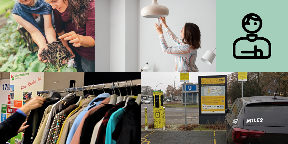 Headerbilder Zielgruppe Privatpersonen: Eine Collage aus den vier Bildern der Unterthemen. Es sind Privatpersonen in verschiedenen Aktionen zu sehen.