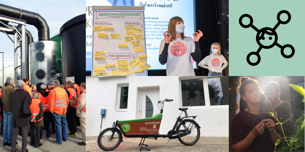 Headerbild Multiplikator:innen: Collage aus den Bildern der vier Unterthemen. Multiplikator:innen in verschiedenen Nachhaltigkeitsaspekten