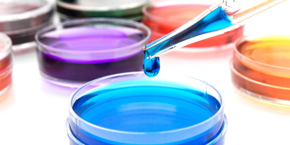 Pipette mit einem Farbtropfen in einer Petrischale
