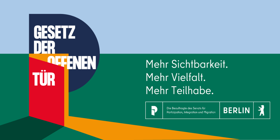 Titelbild zum Gesetz der offenen Tür mit dem Text "Das Partizipationsgesetz für eine moderne Verwaltung in der Migrationsgesellschaft"