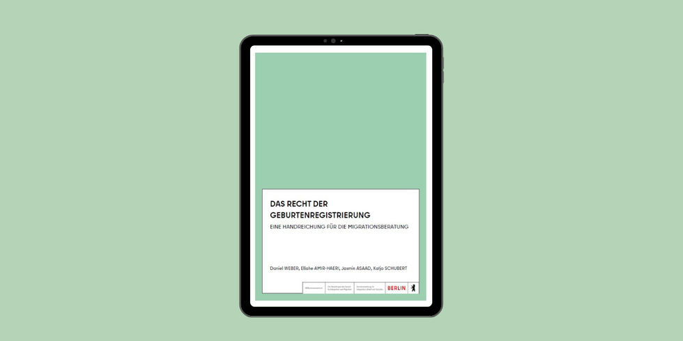 Darstellung des digitalen Dokuments "Das Recht der Geburtenregistrierung" auf einem Tablet