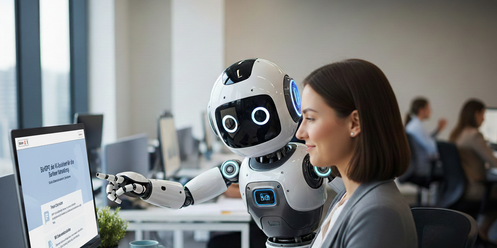 Frau mit Roboter vor PC