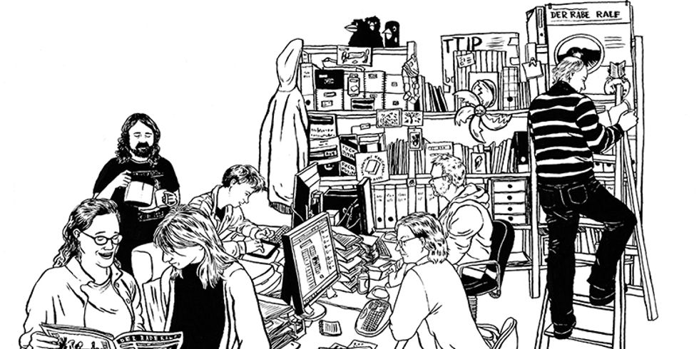 Wanderausstellung: Den Vogel zeigen. Der Rabe Ralf – Berlins letzte Umweltzeitung | Illustration: Redaktionsalltag