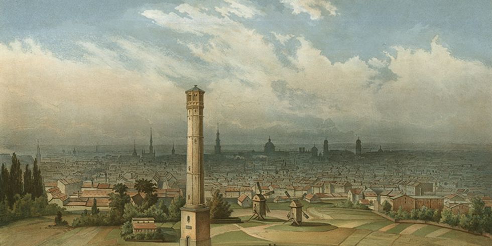 Steigrohrturm und Hochbehälter auf dem Windmühlenberg im Bezirk Prenzlauer Berg, um 1856