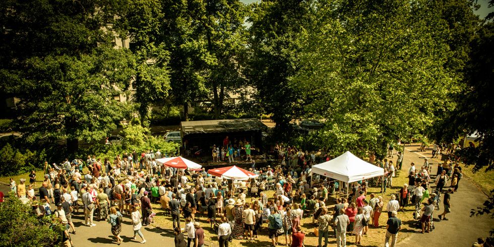 Garten der Musikschule aus dem Gebäude fotografiert