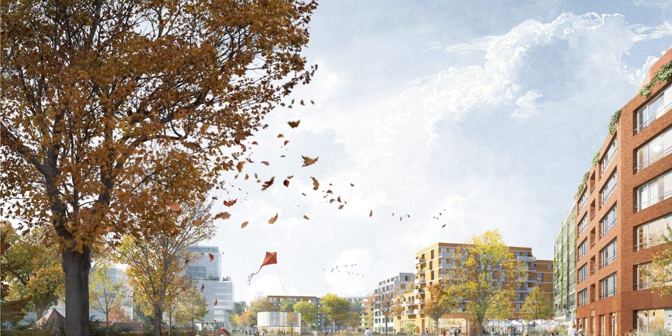 Perspektive des Siegerentwurfes: Blick über die große Wiese in den Park, rechts der Quartiersplatz mit dem Stadtbad
