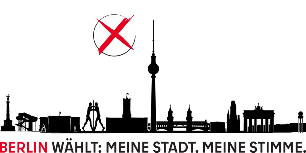 Gezeichnete Reihe von Umrissen ikonischer Gebäude in Berlin: Siegessäule, Kienbergpark, Abgeordnetenhaus, Molecular Men, Rotes Rathaus, Fernsehturm, Oberbaumbrücke, Gedächntniskirche, Bransebnurger Tor, Flughafen Tempelhof