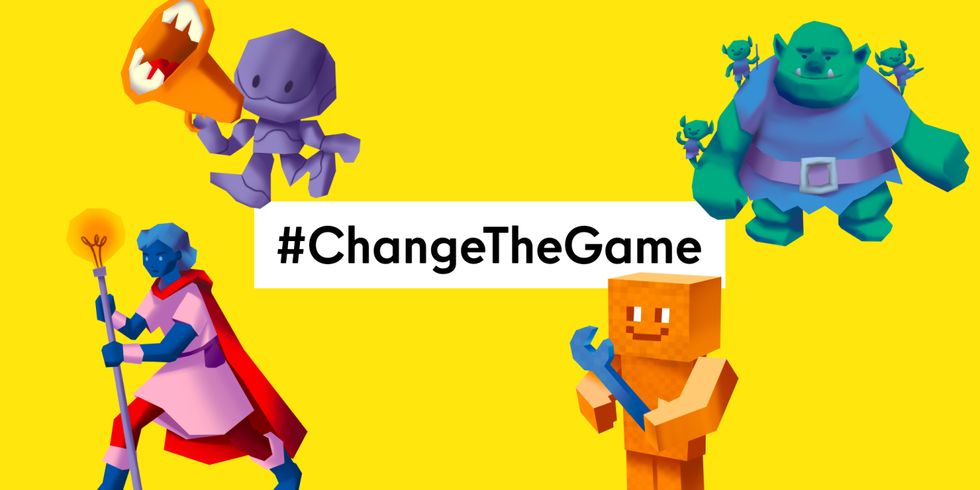 Schriftzug "#ChangeTheGame" mit vier freundlichen Figuren im Stil von Computerspiel-Charakteren