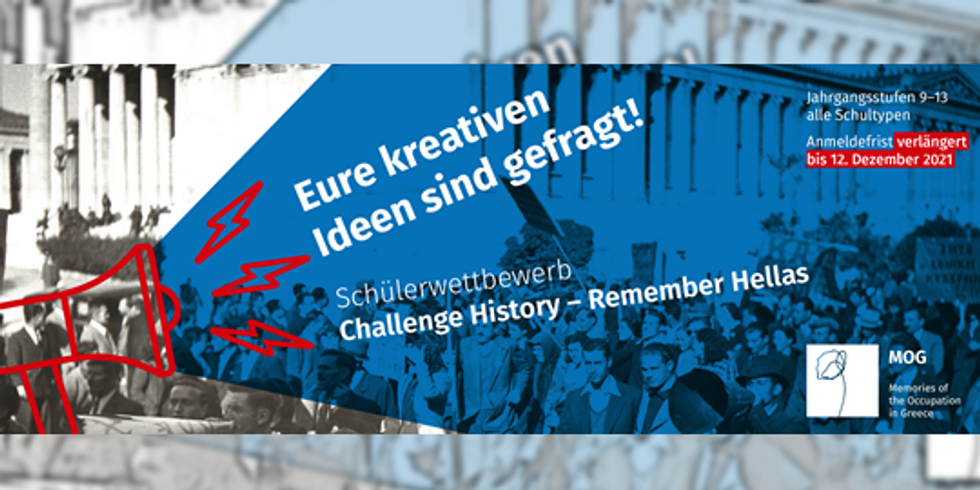 Stilisiertes Megaphon vor historischem Foto einer Demonstration - Schriftzug: Eure kreativen Ideen sind Gefragt!