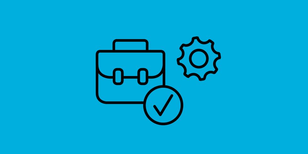 Icons für Mappe, Haken und Zahnrad symbolisieren Berufswahlprozess