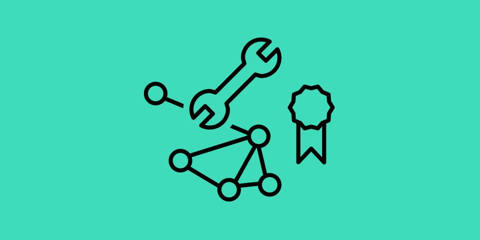 Icons für Werkzeug, Orden und Netzwerke symbolisieren Netzwerk Berufswahl Siegel