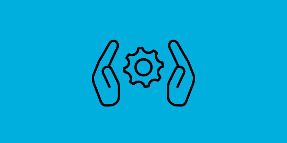Icons für schützende Hände und Zahnrad symbolisieren Klischeefreie Berufliche Orientierung