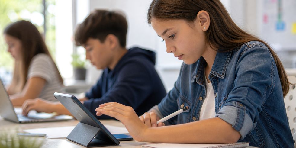 Schülerin und Schüler arbeiten im Klassenzimmer an digitalen Endgeräten-Bild mit Hilfe von KI entstanden