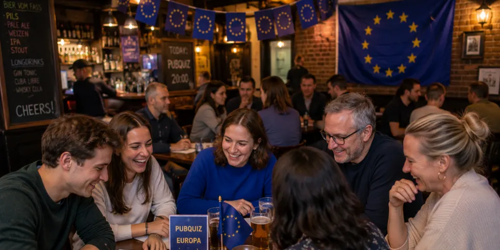 Gruppe am Tisch bei einem Pubquiz zur EU