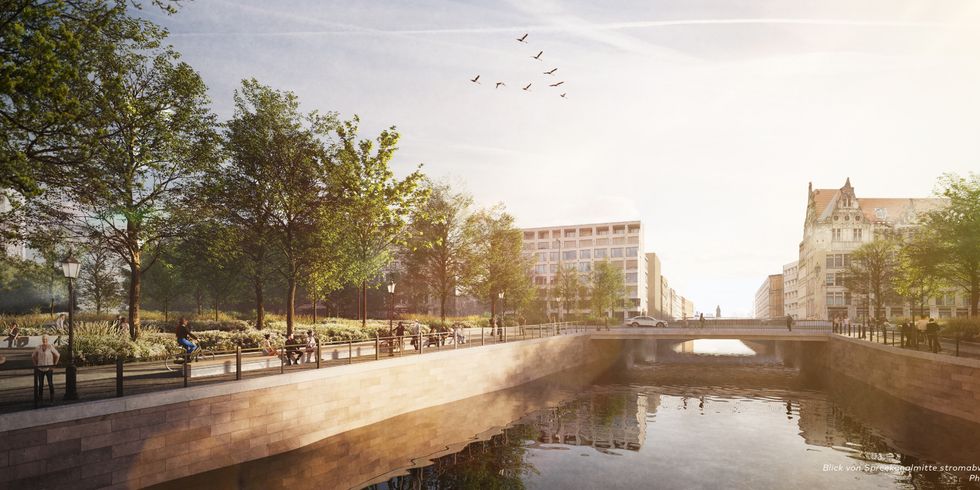 Visualisierung der Neuen Gertraudenbrücke - Blick von der Mitte des Spreekanals stromabwärts
