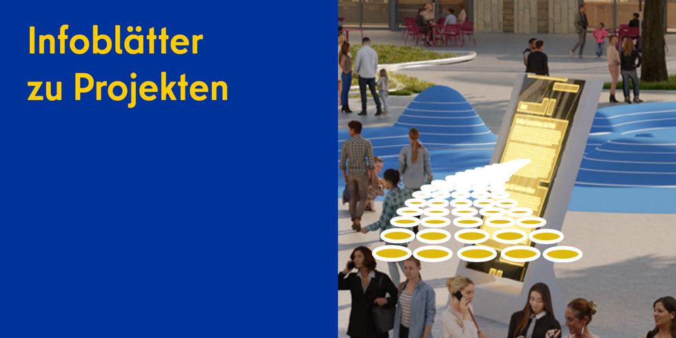 Digital erstelltes Bild mit einer Infosäule und Menschen. Aus der Infosäule kommen gelbe Punkte.