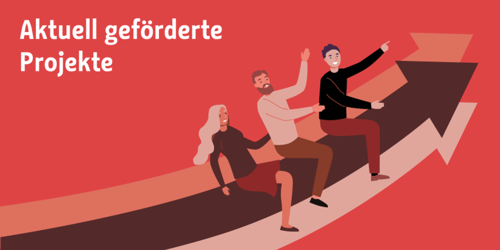 Illustration zeigt drei Menschen, die auf einem Pfeil sitzen