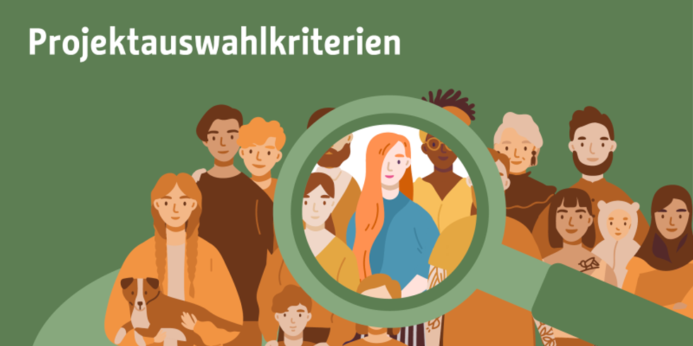 Illustration einer Lupe und im Hintergrund Menschenmenge