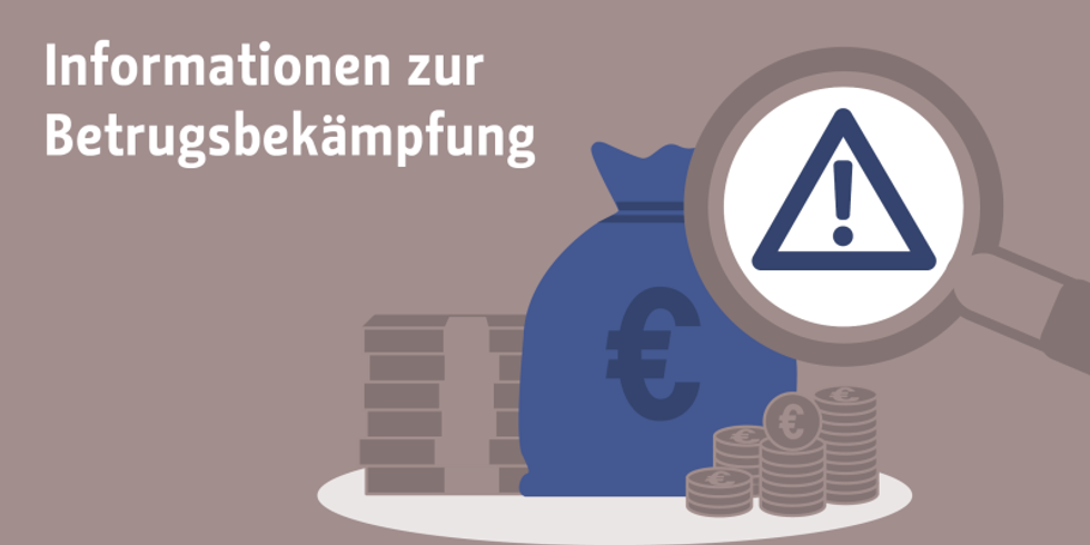 Illustration: im Hintergrund gestapelte Geldscheine, Münzen und Geldbeutel und im Vordergrund eine Lupe mit einem Warnzeichen