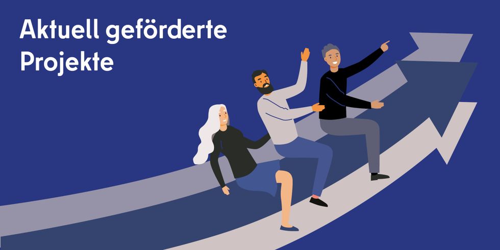 Illustration zeigt drei Menschen, die auf einem Pfeil sitzen