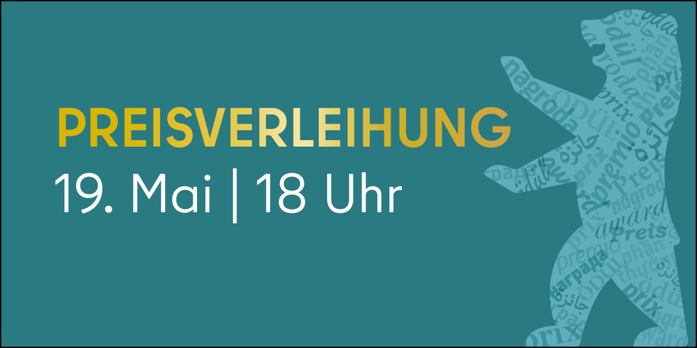 Bärenmotiv mit verschiedenen fremdsprachigen Wörtern daneben der Begriff Preisverleihung sowie Datum und Uhrzeit