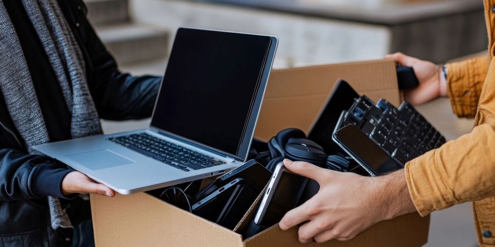 Karton wird mit Elektronikschrott befüllt
