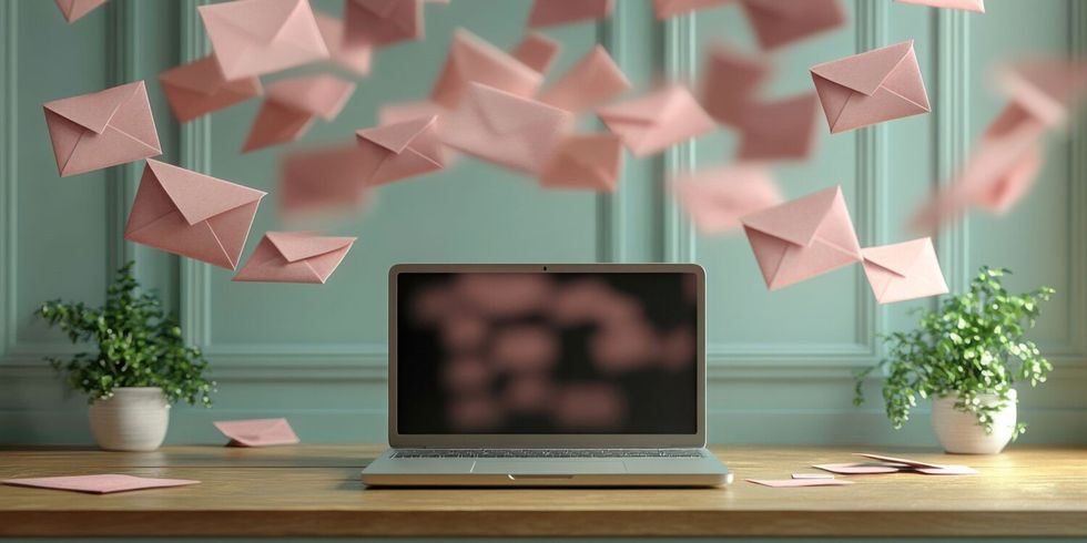 Laptop steht auf einem Tisch und von oben regnet es rosa Briefumschläge