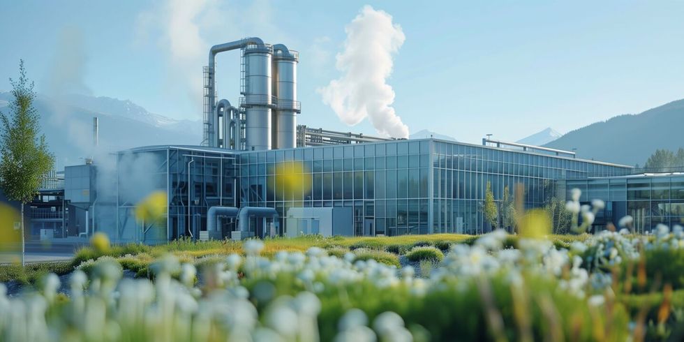 Im Vordergrund eine Blumenwiese, im Hintergrund eine Fabrik