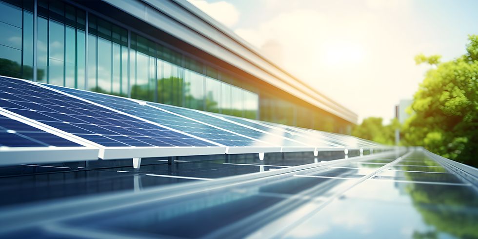 Solarmodule auf Dach eines großen Gebäudes.