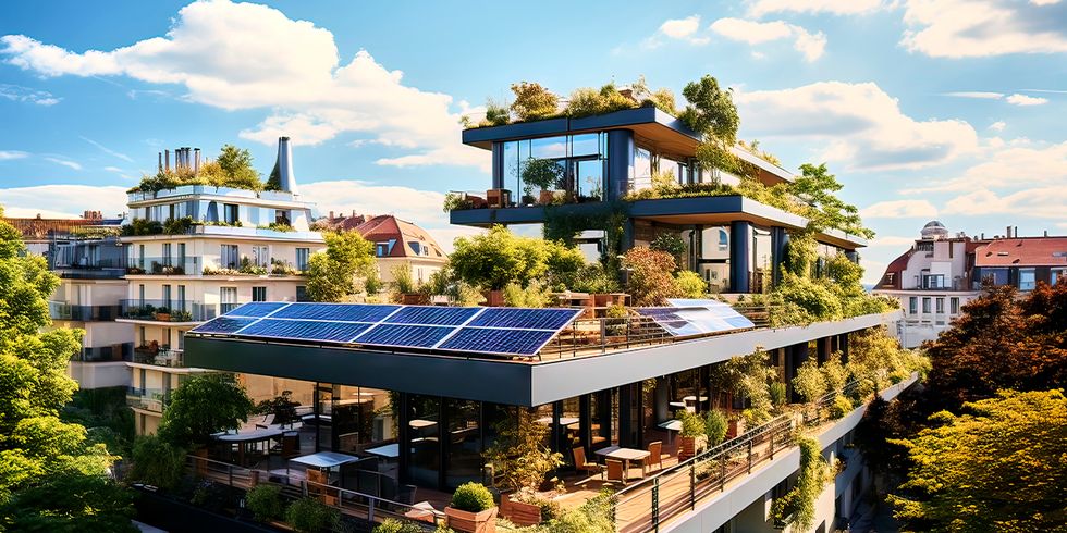 Ki generiertes Bild, Haus mit Solaranlage und Begrünung