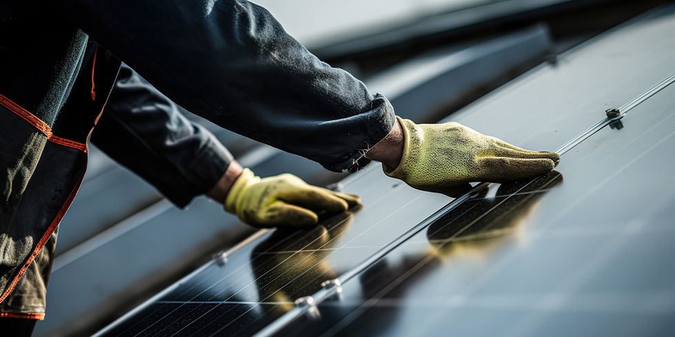 Hände in Arbeitshandschuhen auf Solarpanel